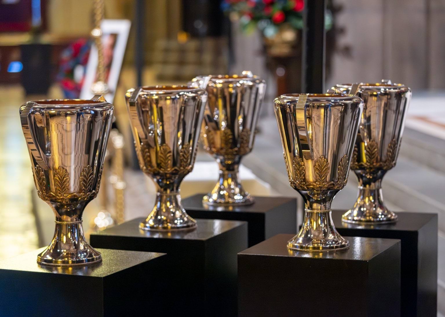 State Funeral Service for The Hon Brian Dixon - 5 VFL Premiership Cups at altar
