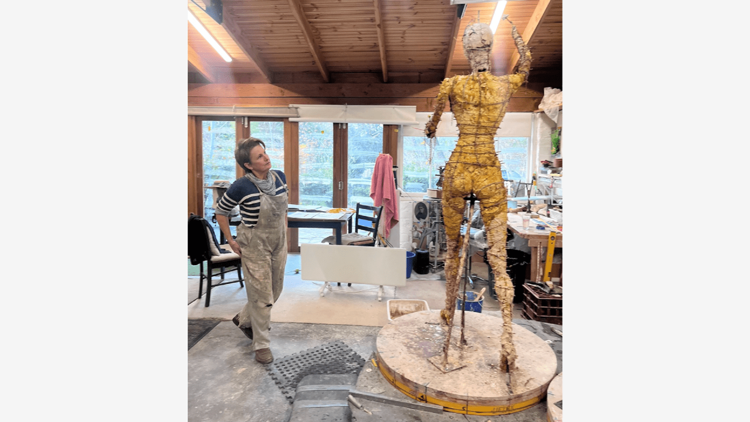 Barbara Rae statue - Lis Johnson armature and rough clay figure sculpting
