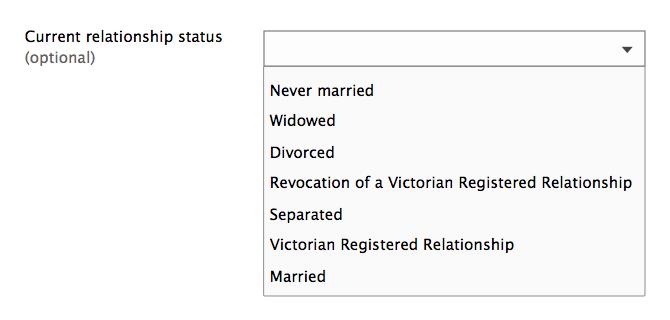 Form design: Example of collecting relationship status with a drop down.