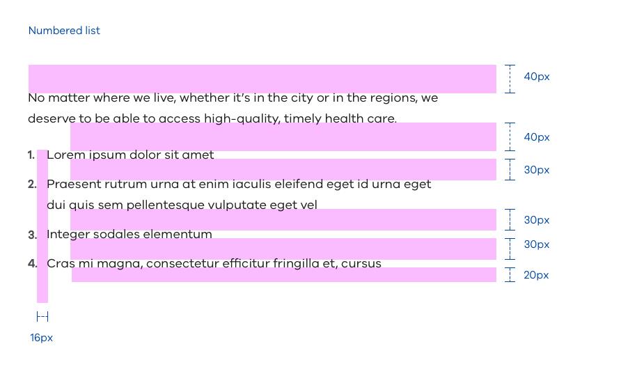 Numbered list: 30px between list points