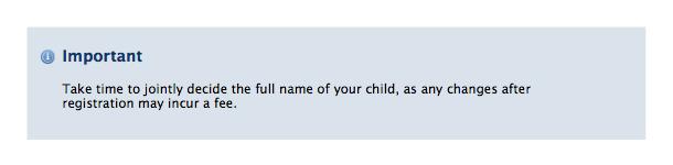 Blue circle with 'i' and text: Important, take time to jointly decide the full name of your child, as any changes after registration may incur a fee.