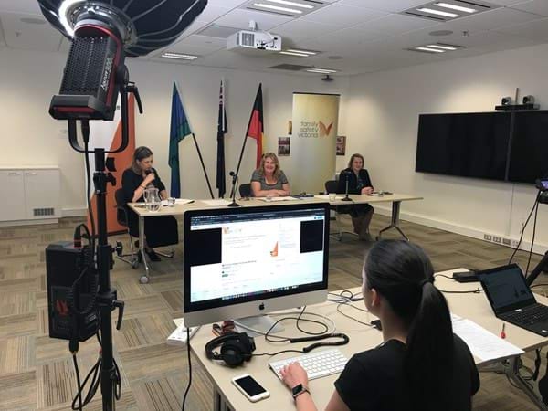 Left to right: Alison Macdonald, Acting Chief Executive Officer, Domestic Violence Victoria, Kelly Stanton, Executive Director, Program and Service Development, Family Safety Victoria, and Annette Lancy