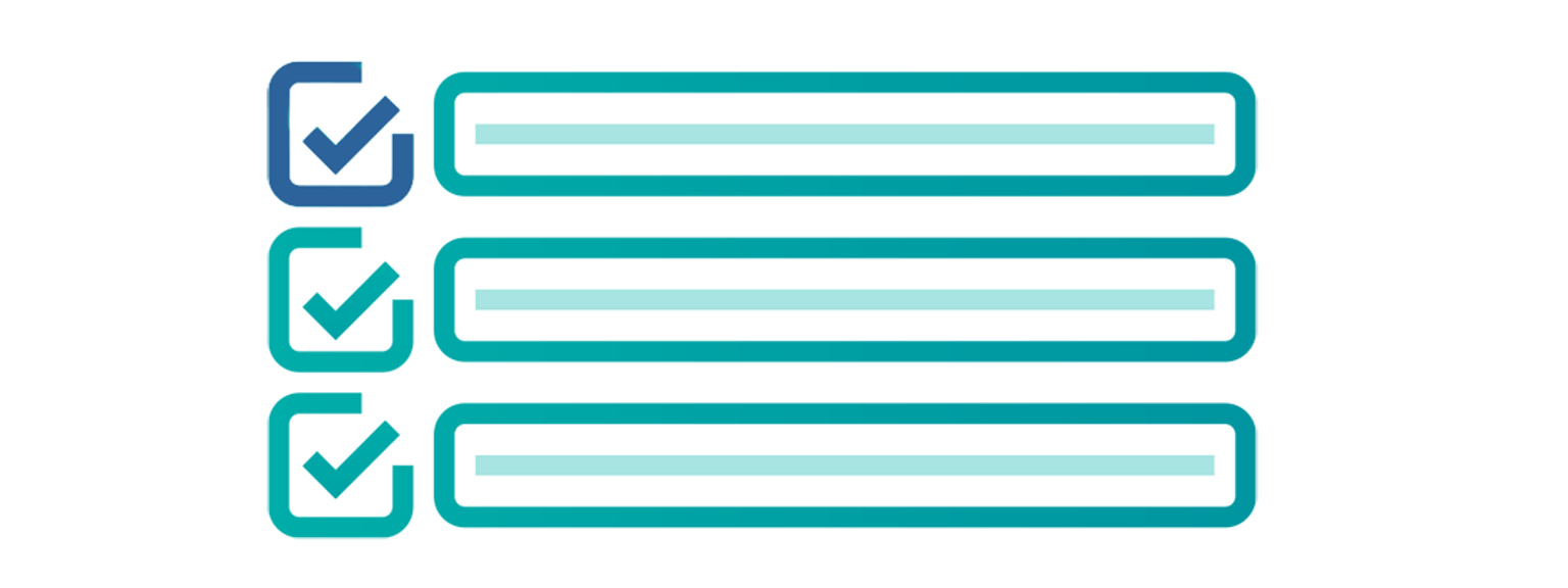 A green checklist icon with ticked tickboxes to the left of non-descript line items. First tickbox has tick in blue.