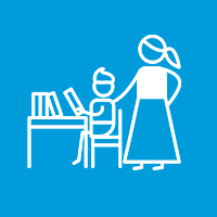 Stick figure graphic of female teacher standing behind student seated at a desk with books