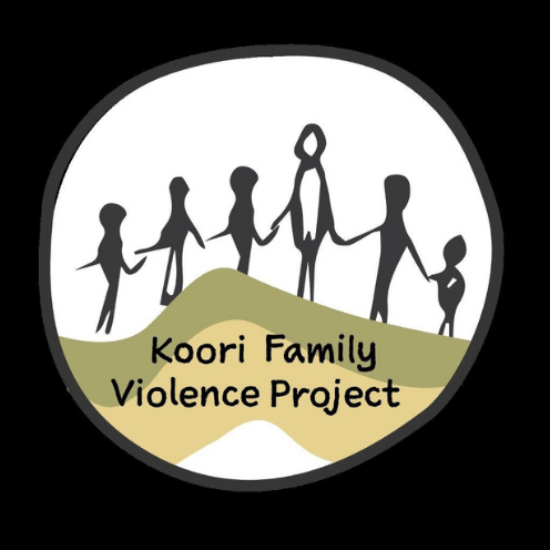 Koori Family Violence Project logo. Six figures on a hill holding hands. 