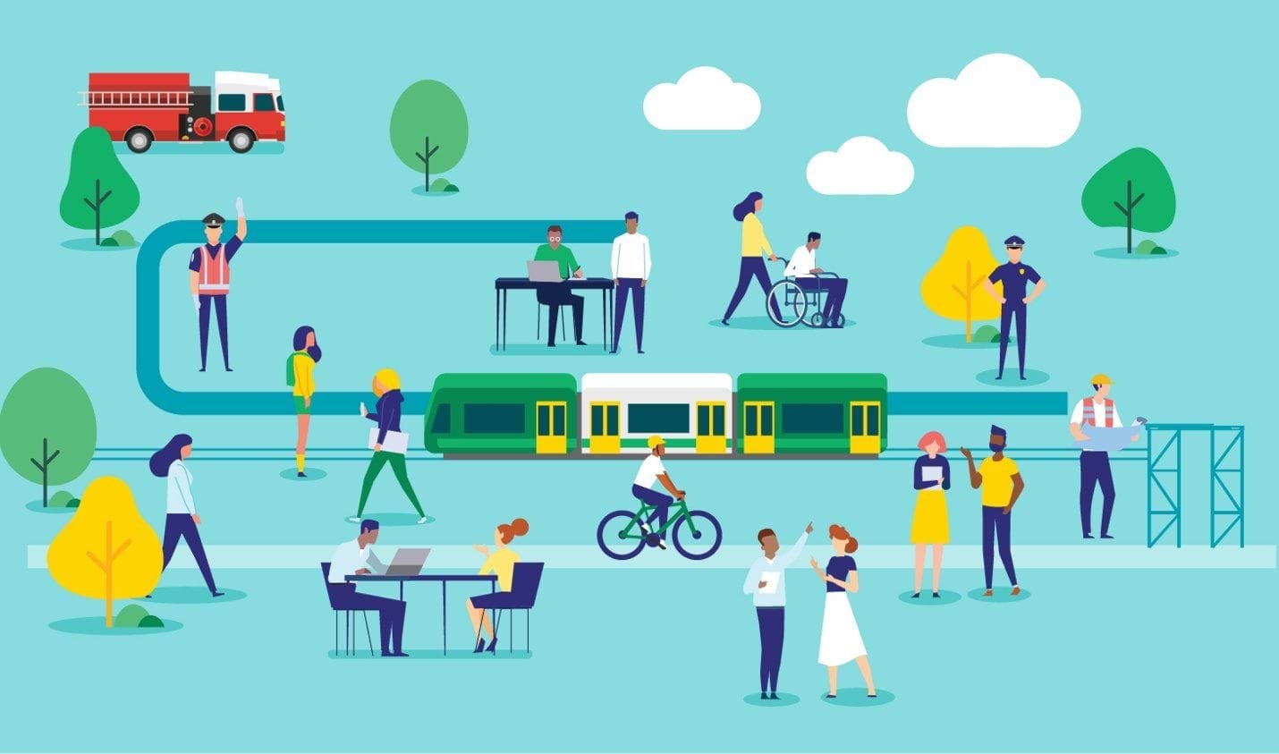 Victoria's Cyber Strategy 2021 feature illustration A modern, stylised illustration depicting a range of people going about daily tasks. There is a recogniseable Melbourne tram in the centre of the illustration.
