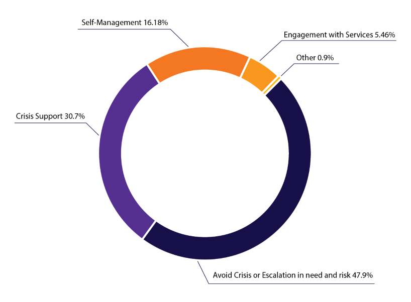 Figure 10. Brokerage supports by category 2019-20: Self-Management (16.18%), Engagement with Services (5.46%), Other (0.9%), Avoid crisis or escalation in need and risk (47.9%), Crisis support (30.7%).