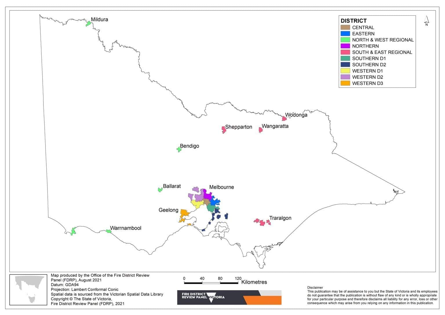 Map of Victoria showing Fire Rescue Victoria fire district boundaries