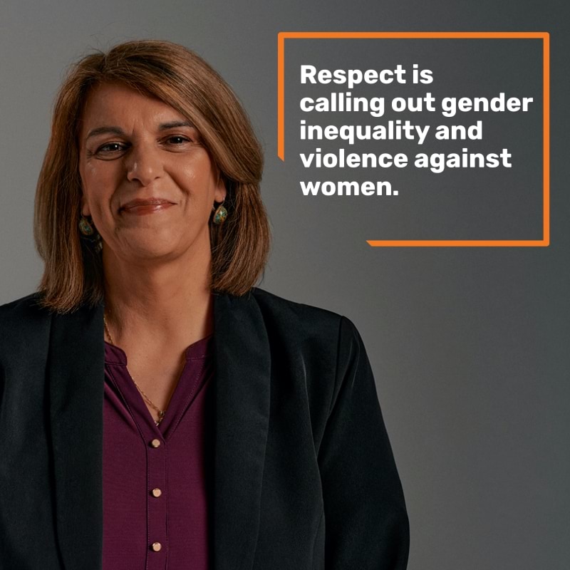 A photo of VSAC member, Grace Donato with a quote in white text which reads “Respect is calling out gender inequality and violence against women.