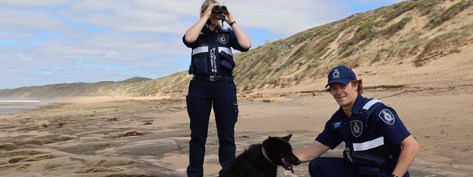 Image of officers and a dog on a beach