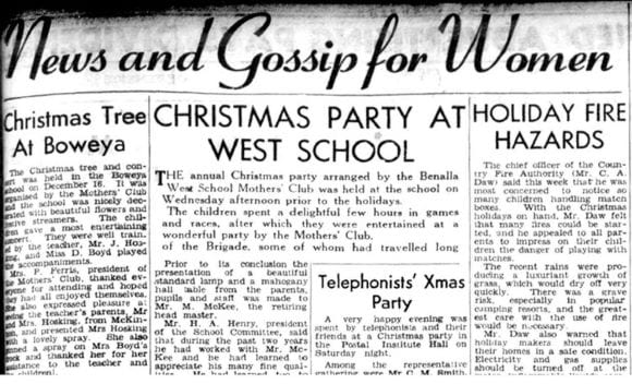 Extract of Benalla Ensign News Gossip for Women Mothers Club 23 December 1954