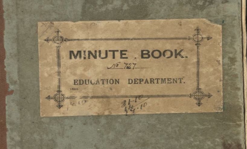 An archival photo of the front of an old minute book (numbered 727) used by an unknonw school inspector from the Victorian Education Department