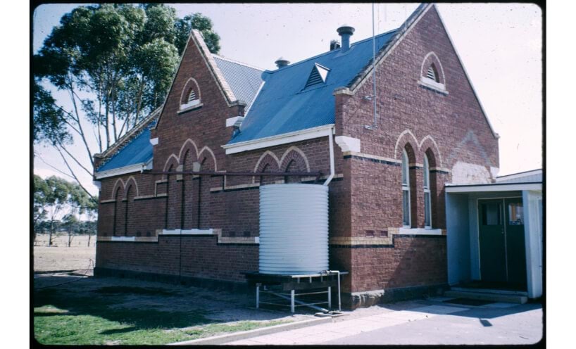 Corregated iron water tank at Newbridge Primary School between 1970 and 1999.