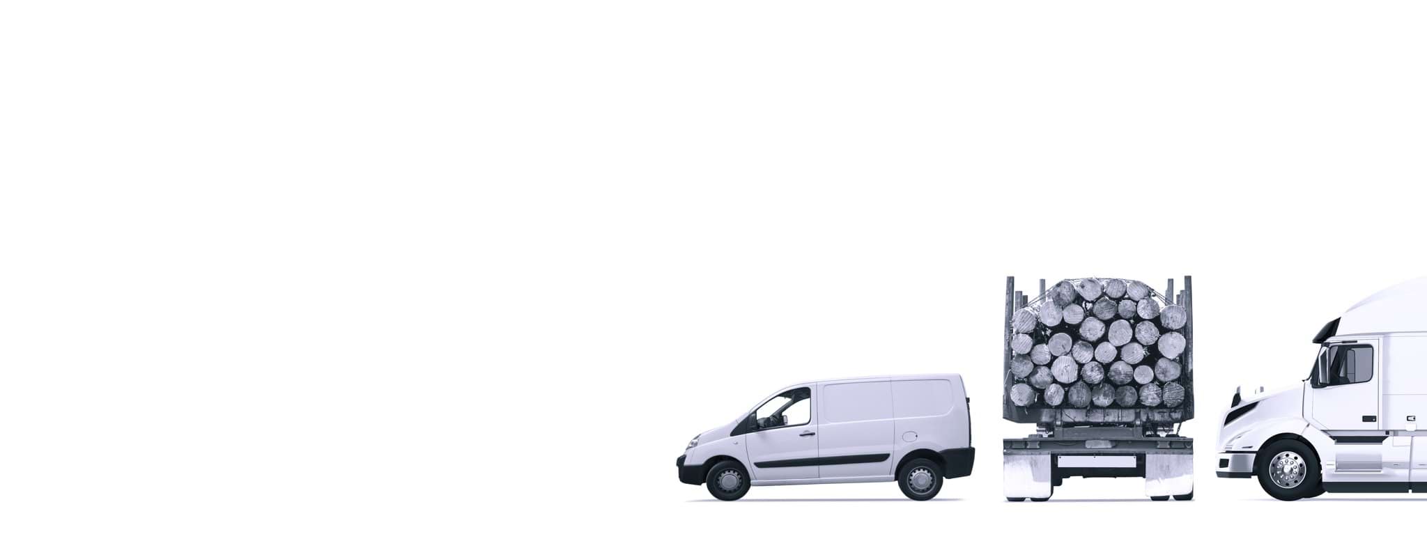 A delivery van, a truck carrying felled trees and the cabin of a truck