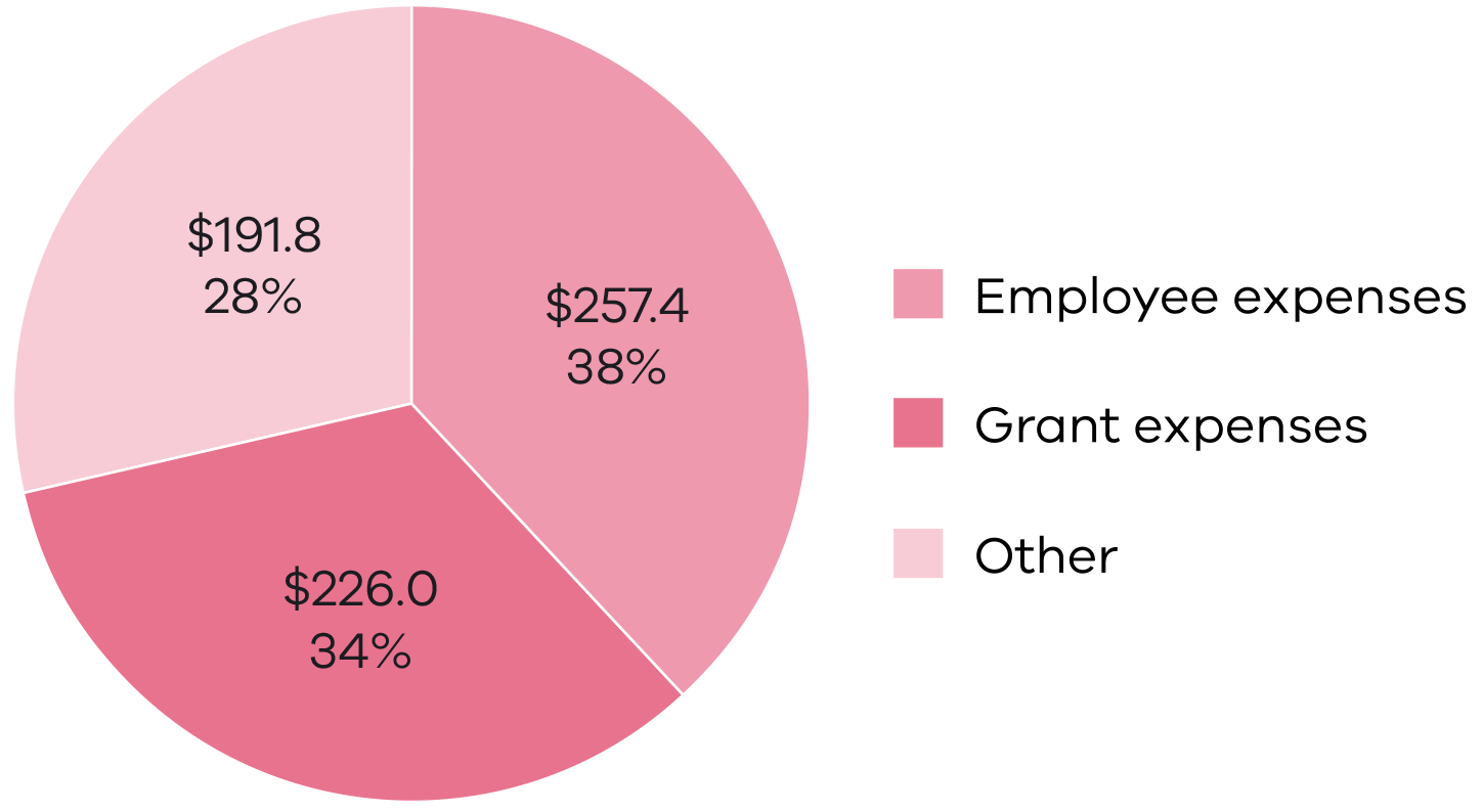 Pie graph - Employee expenses $257.4 million (38%); Grant expenses $226.0 million (34%); Other $191.8 million (28%).