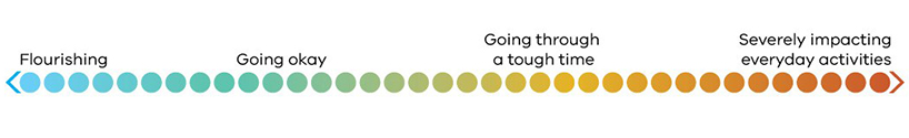 Continuum line with 'Flourishing' one end, then moving through 'Going ok', 'Going through a tough time', and at the other end 'Severely impacting everyday activities'.