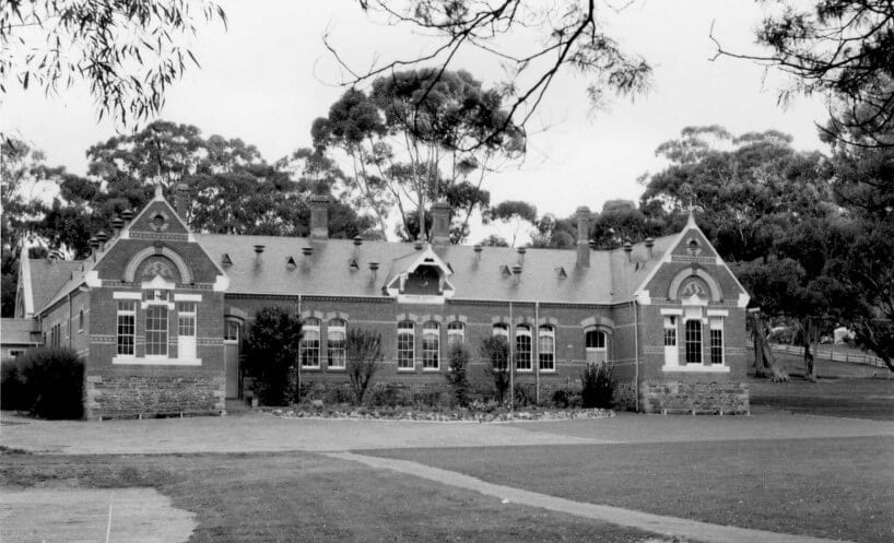 Black and white photograph of the Maldon school building