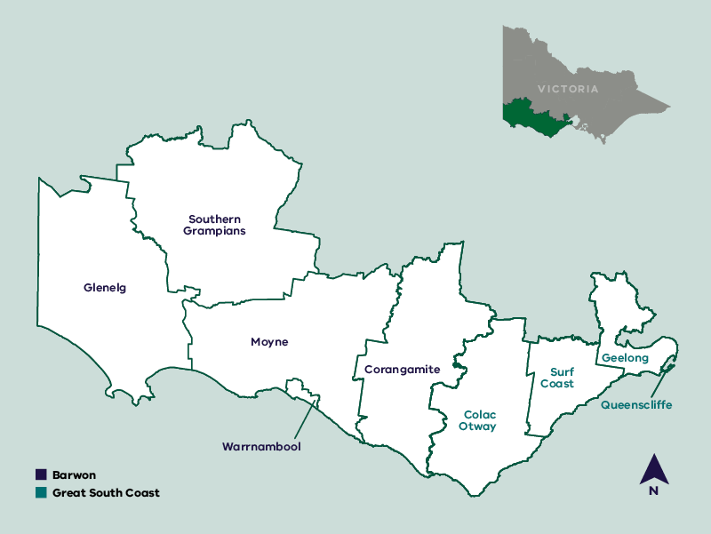 Map of Barwon South West region. Barwon South West - Glenelg, Southern Grampians, Moyne, Warrnambool, Corangamite. Great South Coast - Colac Otway, Surf Coast, Geelong, Queenscliff. Insert map top right of state of Victoria and green shade of Barwon South West region.