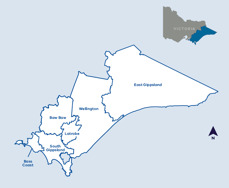 Map of Gippsland region. Bass Coast, South Gippsland, Baw Baw, Latrobe, Wellington, East Gippsland.  Top right hand insert in blue shade of area of region in map of State of Victoria.