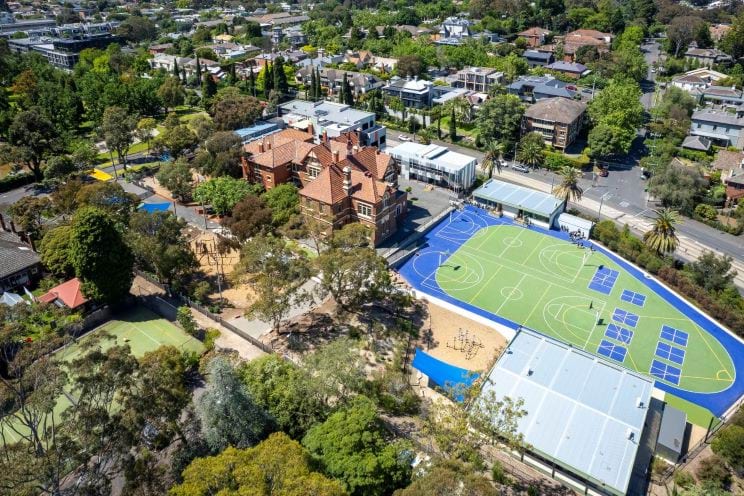 Colour aerial photograph of Hawthorn West Primary School included sports field