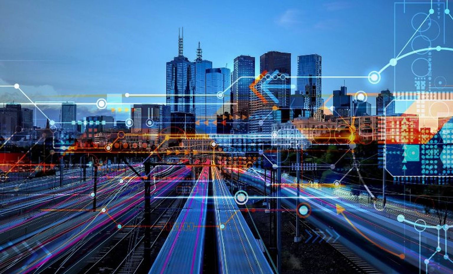 Twilight view over train tracks looking towards Melbourne CBD Twilight view over train tracks looking towards Melbourne CBD