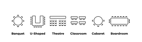 Image shoes layout options for rooms at VEMI. Chose between round tables with 8 chairs around, U shaped, Theatre style, Classroom, Cabaret or Boardroom layout.