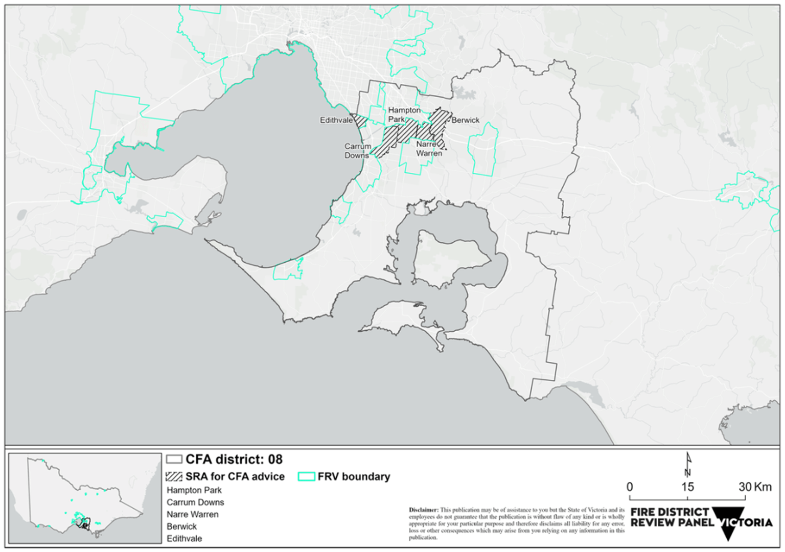 Map of Victoria which visually shows District 8's FRV boundary and highlights the Station Response Area