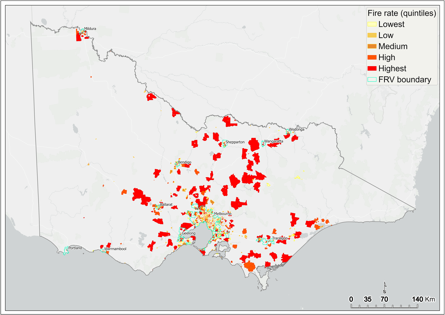 Map of Victoria which highlights the areas with the highest fire rate to population