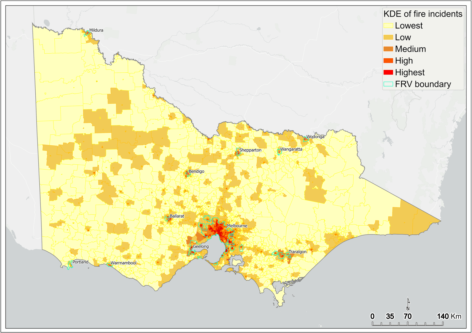 Map of Victoria which highlights the areas with the highest kernel density estimation of fire incidents