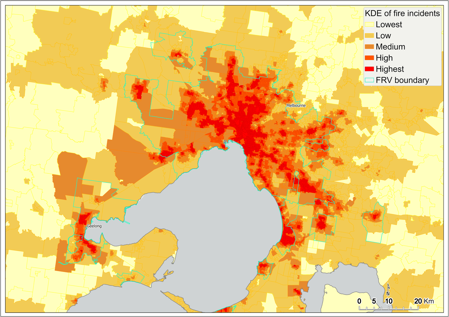 Map of Metro Melbourne which highlights the areas that are highest in kernel density estimation of fire incidents