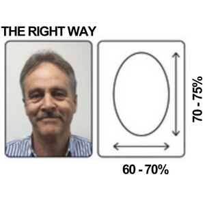 diagram showing that the head should take up 70-75% of vertical width of the photo, and 60-70% of the horizontal width.