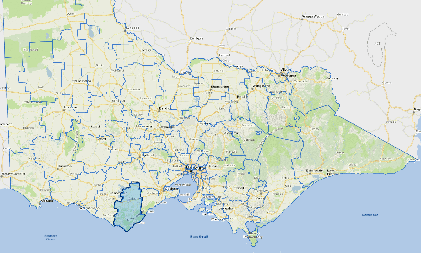 Static map image of Colac Otway Shire Council boundaries