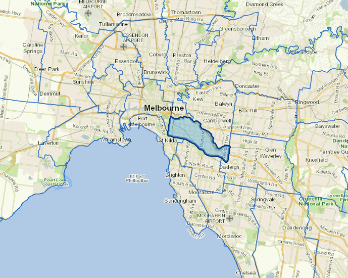 Static map image of Stonnington City Council boundaries