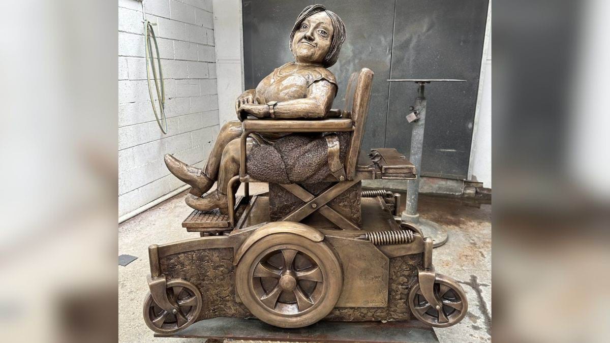 The finished statue of Stella Young at the foundry. All the pieces of the statue have been welded and the statue polished.