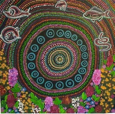 A vibrant painting using a mix of dot painting and line techniques, with concentric rings, a lizard, snail, frog, fish, and snake around the top, and native flowers around the bottom.