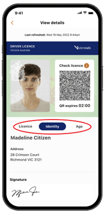 An online drivers licence with the section with 'licence, identity and age' highlighted