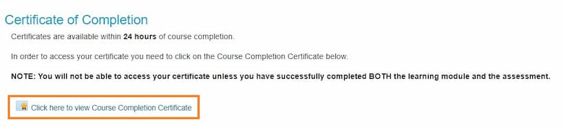 Certificate of completion section on course Welcome page with link to view certificate.