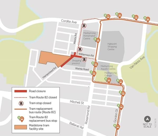 Detour map for tram route 82