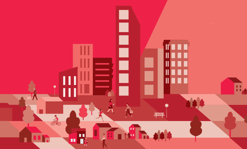 Animated landscape graphic of city, suburbs and people