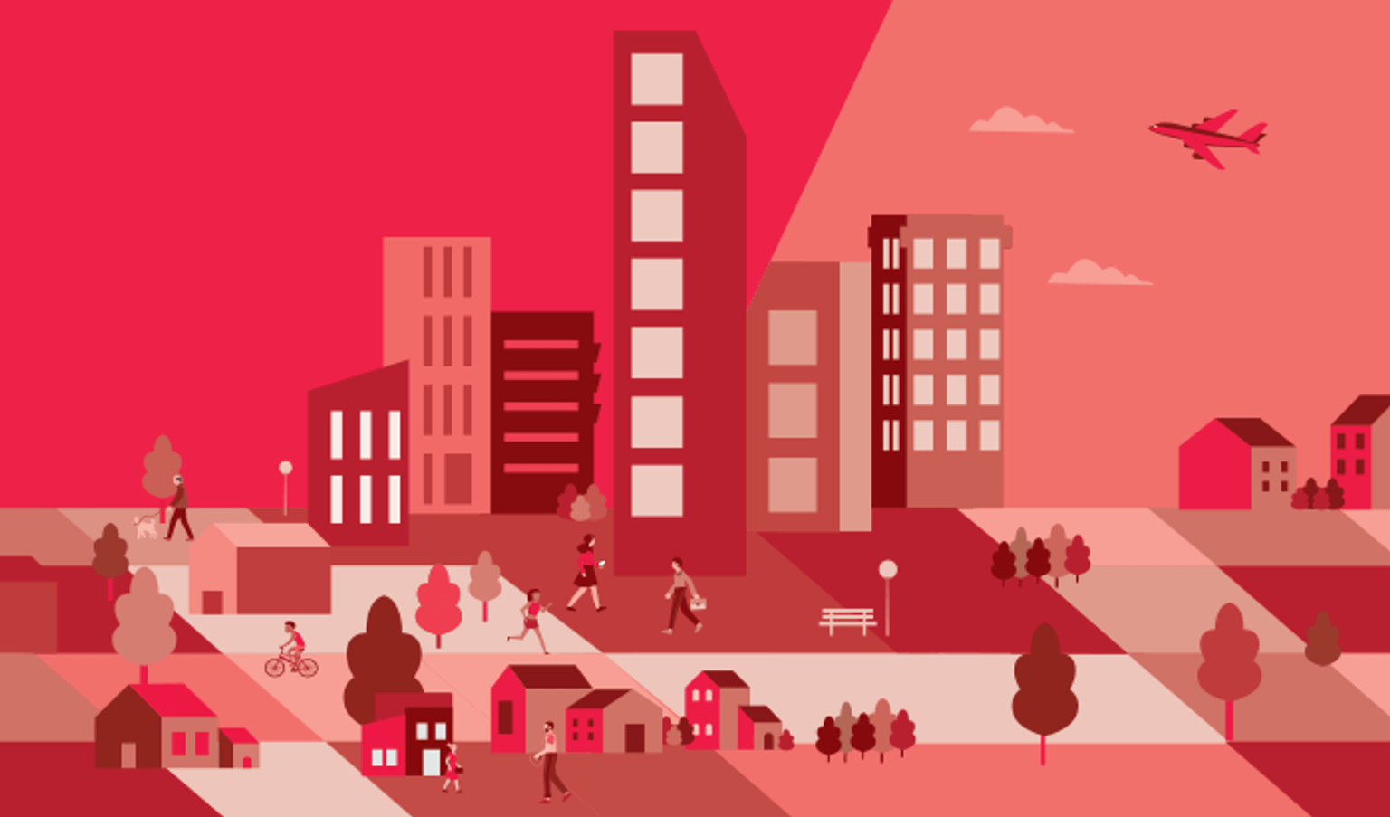 Decorative illustration showing housing and tall buildings. Red theme.