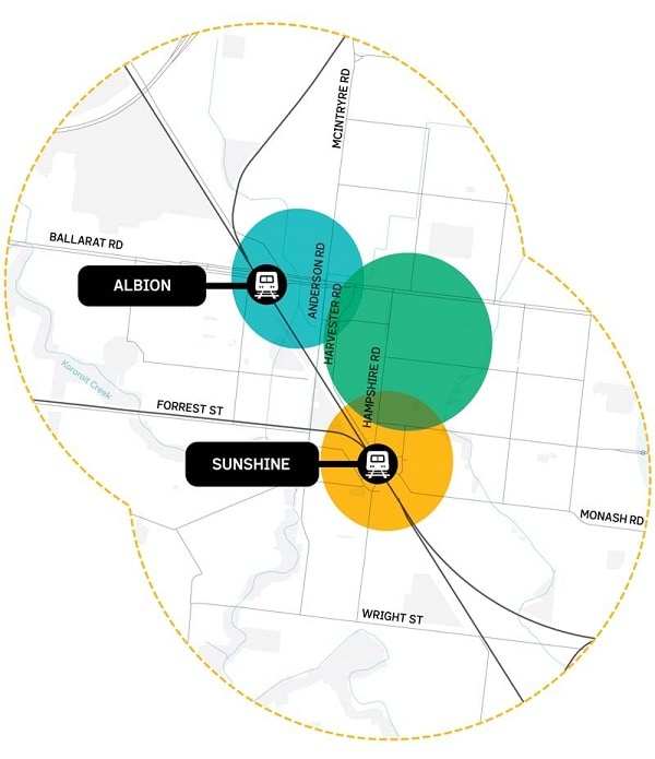 A map displaying the three areas of the Sunshine Precinct