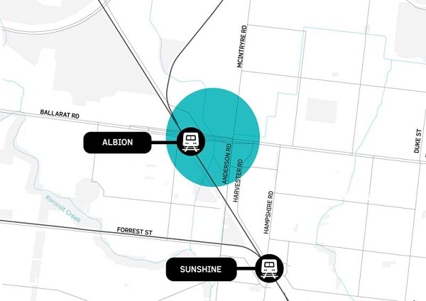 A map showing the area of Albion Quarter, including the train station and parts of Ballarat, McIntyre and Anderson roads