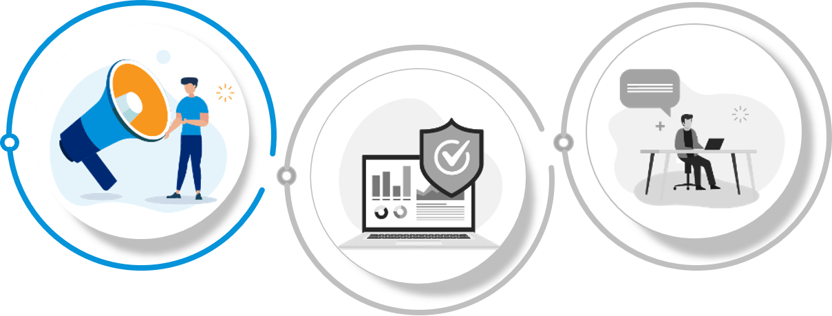 Three circles, with rings interconnecting them and icons inside representing 'Protect, Promote, Respond'. Promote is emphasised with colour, while the next two are greyed out.