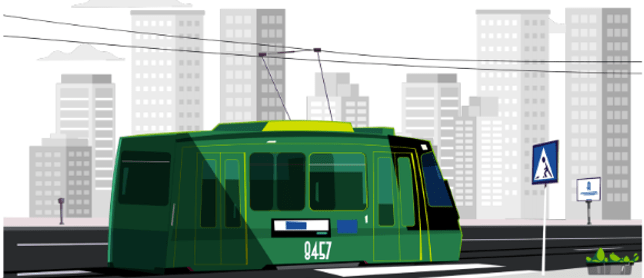 Illustration of tram with grey skyline in background