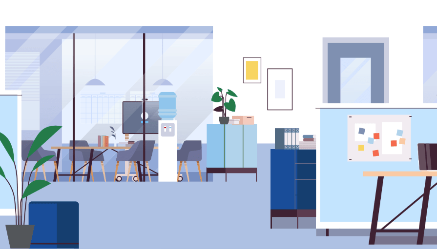 Illustration of inside office workplace with glass office, whiteboards and potted plants