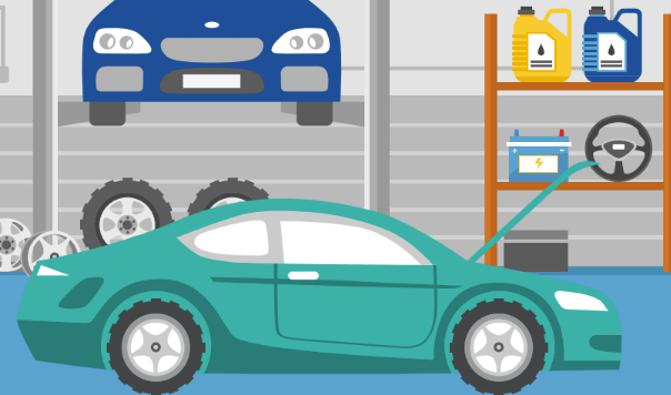 Illustration of mechanic workshop with car on lift and shelf of mechanic tools 