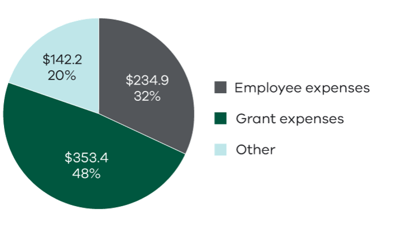 A pie chart in three segments showing expenses in millions of dollars. One segment of the pie chart is employee expenses and makes up 32% ($234.9 million). One segment is grant expenses and makes up 48% ($353.4 million). One segment shows other expenses and makes up 20% ($142.2 million).