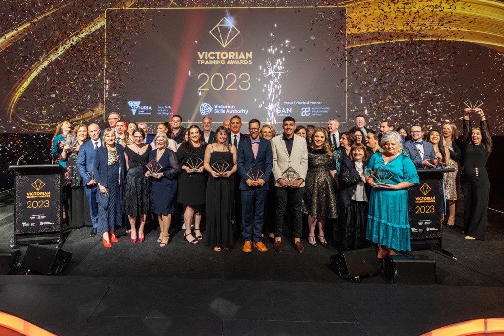 2023 Victorian Training Award winners with their trophies on stage for the 2023 gala ceremony