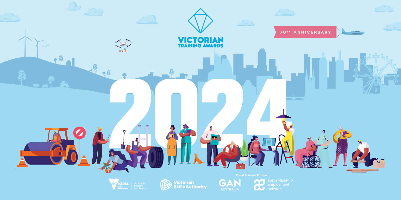 2024 Victorian Training Awards 70th anniversary nominations announcement with logos for Victorian Skills Authority, GAN Australia, Apprenticeship Employment Network and Department of Jobs, Skills, Industry and Regions