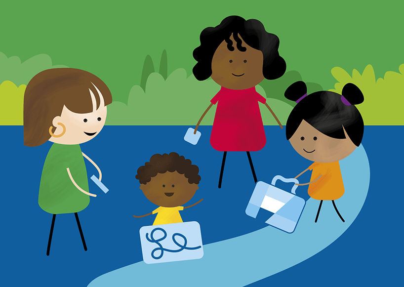 Illustration of two adults with two children using the Kinder Kit outdoors.